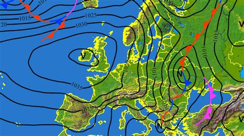Synoptická mapa Európy s izobarami, vyznačenými tlakovými výšami (V) a nížami (N) a atmosférickými frontmi