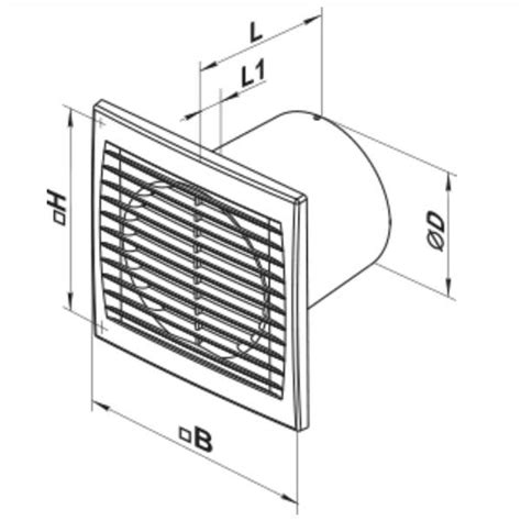 Produktové foto: nákres kúpeľňového ventilátora Vents 100 s rozmermi a pripojením