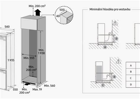 schéma správnej inštalácie vstavanej chladničky s vyznačením ventilačných otvorov