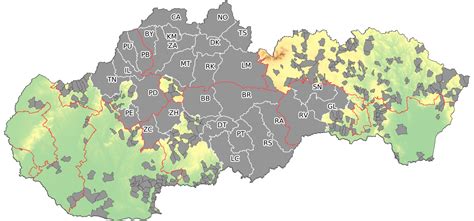 Mapa Slovenska so zvýraznenými oblasťami riadenia kvality ovzdušia, kde platia zvýhodnené dotácie