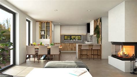 Vizualizácia interiéru rodinného domu s podlahovým kúrením a krbom