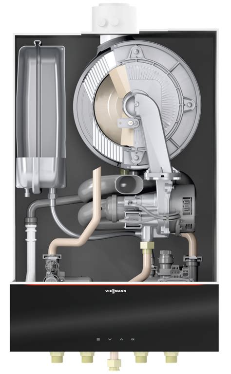 Interiér kotla Viessmann Vitodens 200-W s detailom na horák MatriX-Plus a výmenník tepla Inox-Radial.