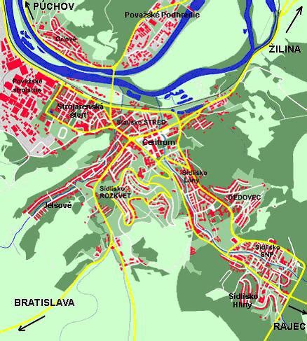 Mapa Považskej Bystrice s vyznačením zasiahnutých oblastí