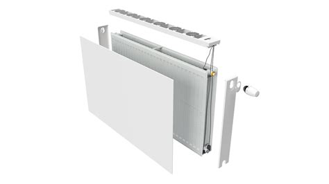 Schéma montáže radiátora Korado RADIK V-POWER SET s vyznačenými komponentmi.