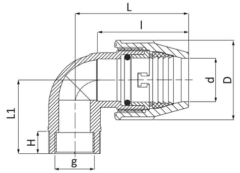 Schéma tvarovky ASTLOC 90° s vnútorným závitom pre systémy REHAU