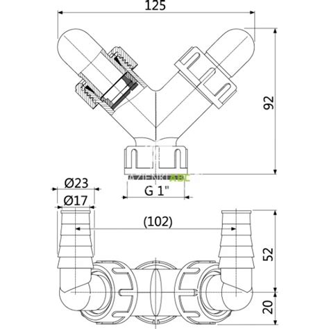 Detailný pohľad na rozdvojku ALCADRAIN P148Z s vyznačenými pripojeniami a spätnými klapkami.