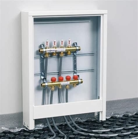 Ilustrácia rozdeľovača podlahového kúrenia s vyznačenými prívodnými a spiatočkovými lištami