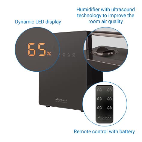 Detail LED displeja a dotykových tlačidiel na zvlhčovači vzduchu Medisana AH 675.