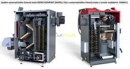 Detail horáka kotla na pelety s popisom automatického čistenia.
