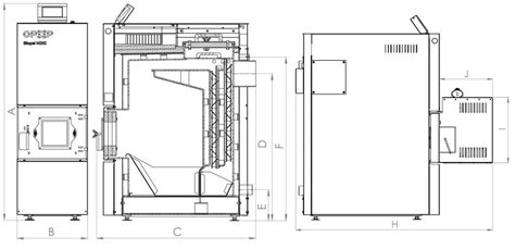 Schéma rozmerov kotla Biopel Mini s označením jednotlivých častí
