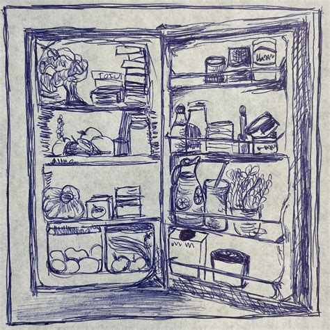 Ilustrácia rozbitého skla v chladničke s roztrúsenými potravinami