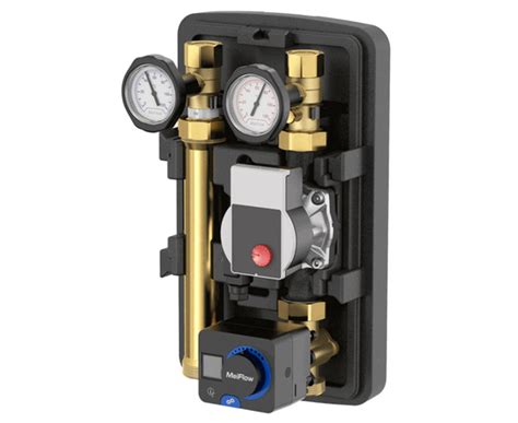 Vizualizácia hydraulickej izolácie Meibes MeiFlow M s vyznačenými prípojkami