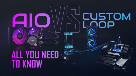 Porovnávacia infografika: AIO systém (vľavo, jednoduchý) vs. Custom loop (vpravo, komplexný s expanznou nádobou).