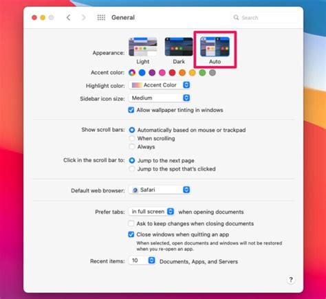 Ukážka nastavení vzhľadu v macOS s možnosťou výberu svetlého a tmavého režimu
