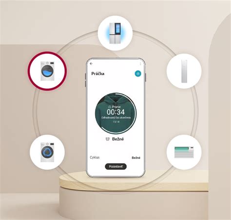 Ilustrácia rozhrania aplikácie LG ThinQ na smartfóne s ikonami rôznych domácich spotrebičov.