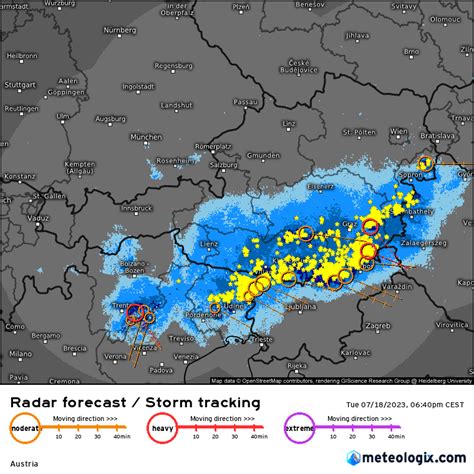 Screenshot meteoradaru zobrazujúceho pohyb búrky