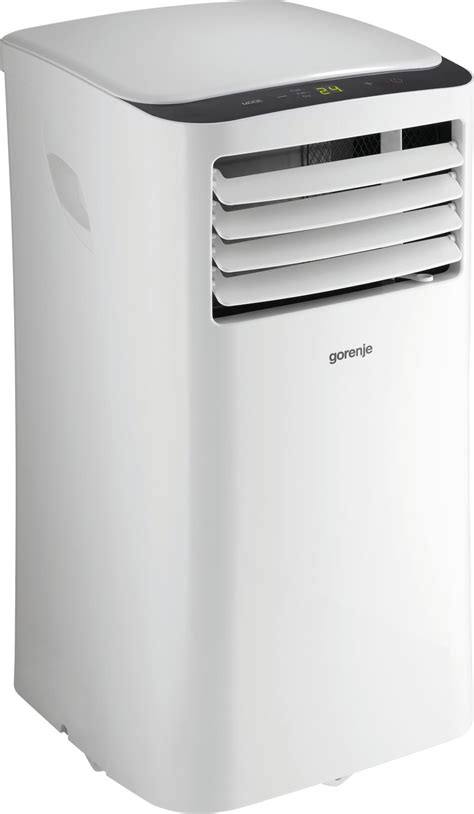 Produktové foto mobilnej klimatizácie Gorenje KAM24F0PHH biela z mierneho uhla, s detailom ovládacieho panela.