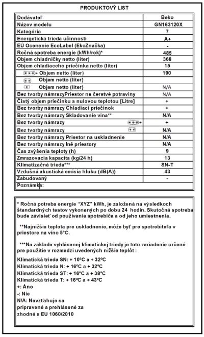 Typový štítok chladničky s označením modelu a sériovým číslom