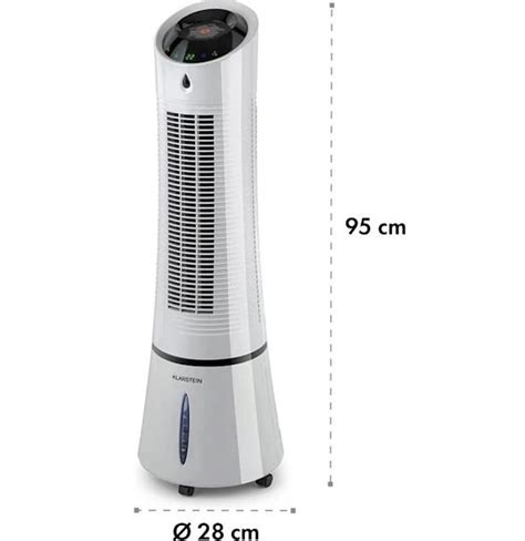 Ilustrácia dizajnu vežového ochladzovača vzduchu Klarstein Skyscraper Ice s viditeľnou nádržkou na vodu a ovládacím panelom.