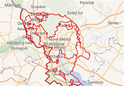 Mapa Bratislavy s vyznačenými populárnymi mestskými časťami a dopravnými uzlami