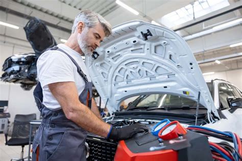 Mechanik vykonávajúci kontrolu klimatizácie v autoservise.