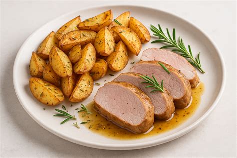 Fotografia hotových bravčových rezňov s pečenými zemiakmi a slaninkou