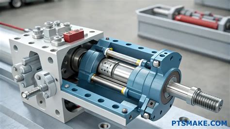 Detailný nákres hydraulického piestu s označenými komponentmi