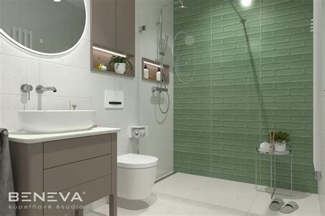 3D vizualizácia návrhu kúpeľne s rôznymi typmi obkladov, sanity a doplnkov