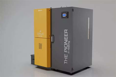 Photo of an automatic pellet boiler with an visible pellet hopper