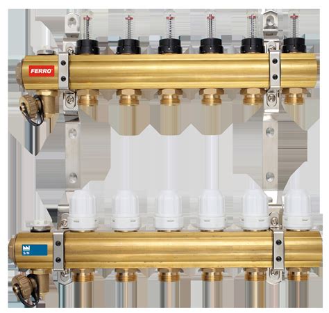 Schéma rozdeľovača podlahového kúrenia s termostatickými ventilmi a servopohonmi