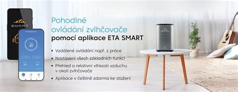 Ukázka chytrého zvlhčovače vzduchu ovládaného přes mobilní aplikaci.