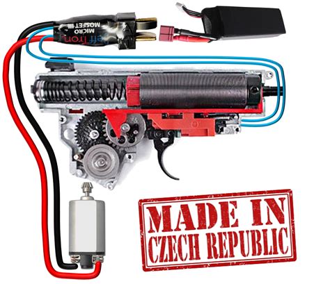 Schéma airsoft mechaboxu s označenými komponentmi vzduchotechniky