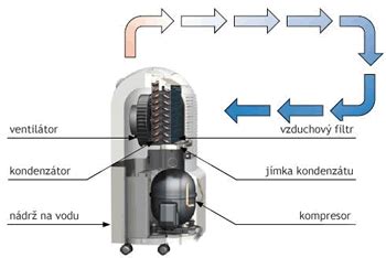 Schéma znázorňujúca proces odvlhčovania a filtrácie vzduchu v prístroji De'Longhi