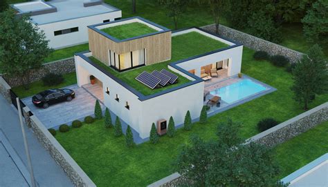 Vizualizácia kontajnerového domu so zelenou strechou a veľkými presklenými plochami