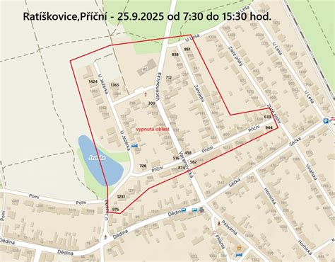 Mapa obce Ratíškovice s vyznačeným historickým ložiskom bane Tomáš
