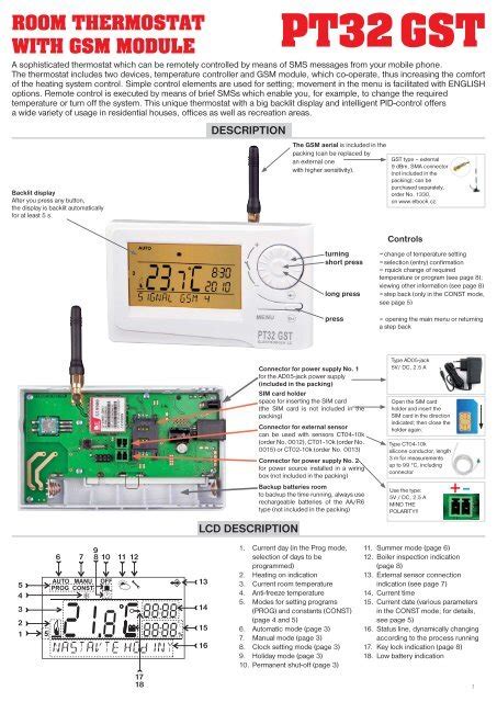 The Elektrobock PT32 GST wireless thermostat with GSM module, highlighting its components like the display, buttons, and a mobile phone indicating remote control.