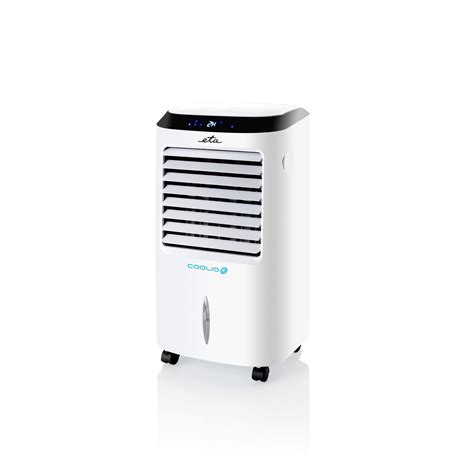 The product image of the white ETA Coolio 0568 90000 air cooler from the front, showcasing its slim, tower-like design and LED display.