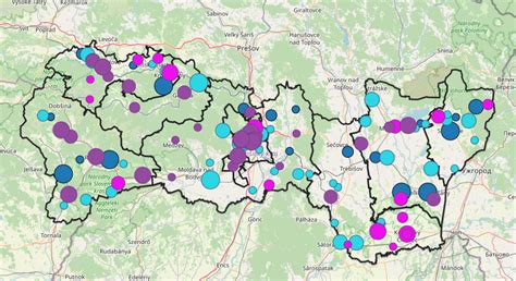 Mapa Košického kraja s vyznačenými sídlami firiem