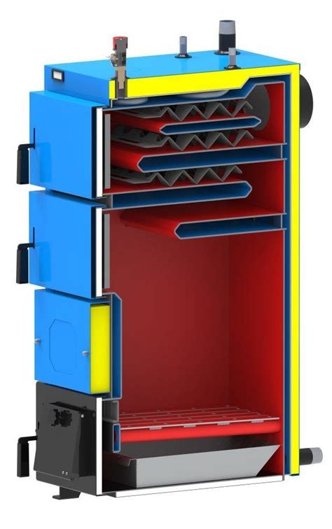 detailný rez pyrolýznym kotlom s vyznačením jednotlivých komôr