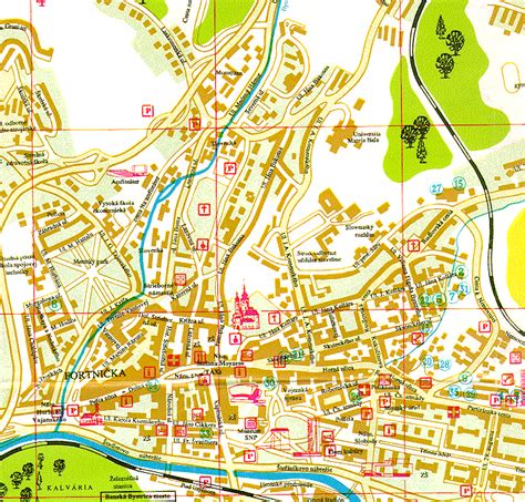 mapa mesta Banská Bystrica so zvýraznenými rezidenčnými lokalitami ako Fončorda, Uhlisko a centrum