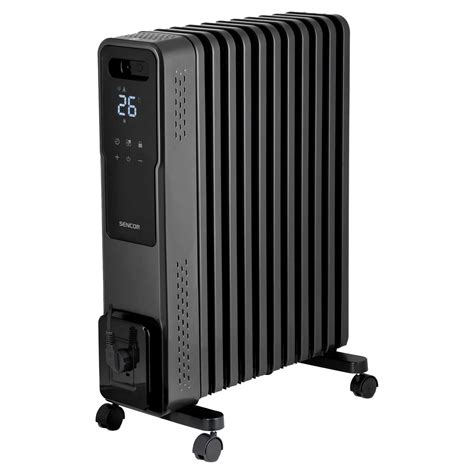 Detailný pohľad na čierny olejový radiátor Sencor SOH 3311BK s viditeľnými vykurovacími článkami a ovládacími prvkami.